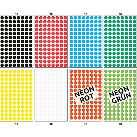 Acht Karten mit bunten Klebepunkten, von Schwarz bis Neongrün. Beschriftung: Neonrot, Neongrün, 4x.