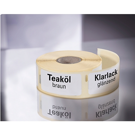 Eine Rolle Etiketten mit Aufdruck: Teaköl braun, Klarlack glänzend.
