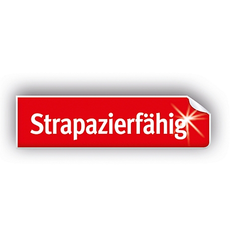 Rotes rechteckiges Label mit der weißen Aufschrift "Strapazierfähig".