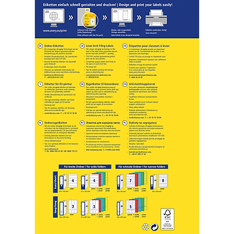 Yellow and blue poster with text and icons. Top: "Design and print your labels easily!". Below are different label options.