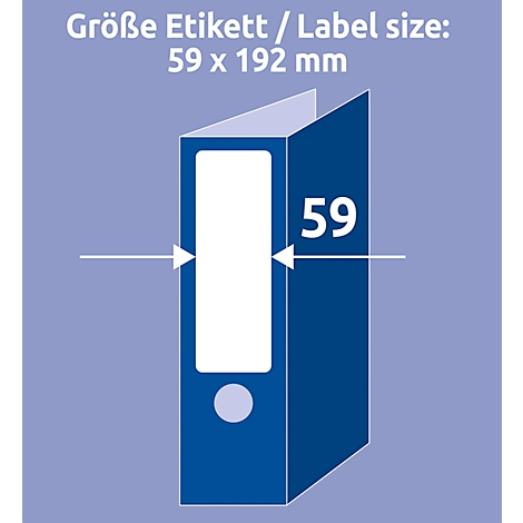 Blue file folder with white label and the number "59". At the top: "Label size: 59 x 192 mm".