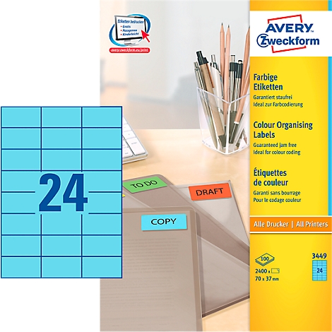 Label pack with 24 blue stickers, office supplies with coloured labels and pens.