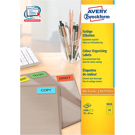 Various colored labels on folders, pens in a cup and product advertising on a yellow background.