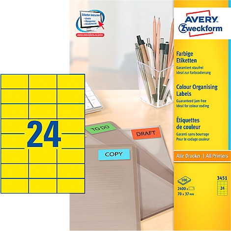 Yellow labels with blue '24' next to stationery and documents. Stickers with text like 'TO DO', 'DRAFT', 'COPY'.