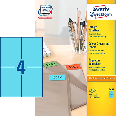 Image shows Avery Zweckform labels, colour labels, ideal for colour coding. Stickers are attached to file folders.