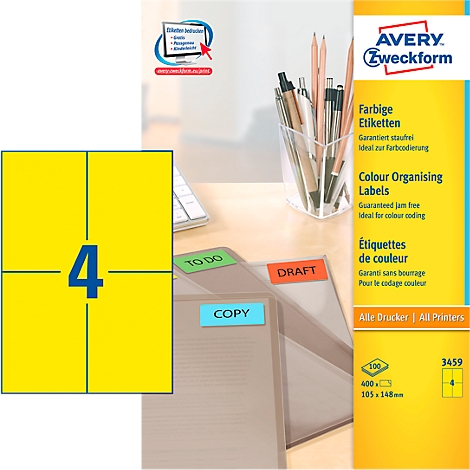 Yellow labels with number 4, next to folders with labels "To Do", "Draft", "Copy". Product advertisement from Avery Zweckform.