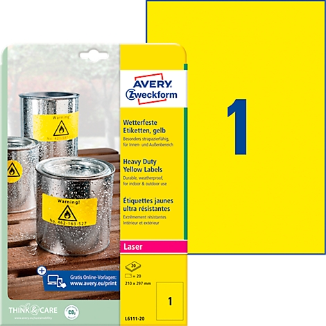 Yellow Avery Zweckform labels with a warning symbol on metal barrels. Next to it, yellow sheet with large blue "1".
