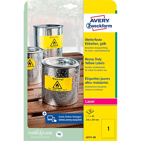 Three silver metal cans with yellow warning labels, next to a yellow product label with text and logo.