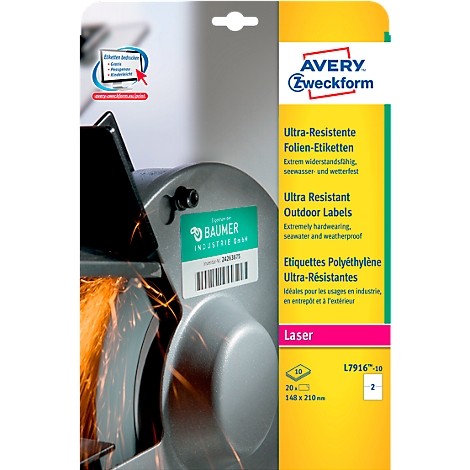 An Avery Zweckform label is attached to a grinding machine. The label reads "Ultra-Resistente Folien-Etiketten" and "Ultra Resistant Outdoor Labels".