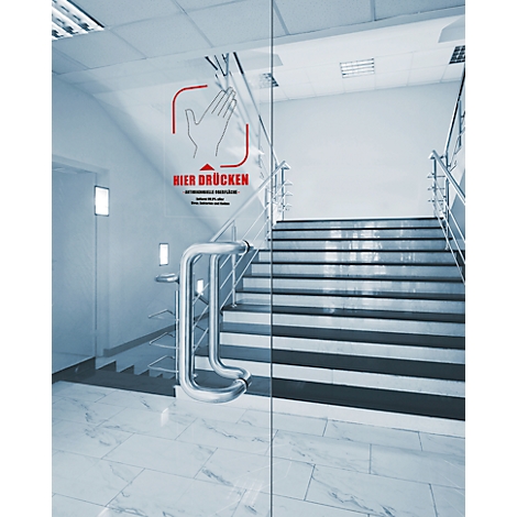 Glass door with red pictogram "Press here" and stairs. Elevator and staircase.