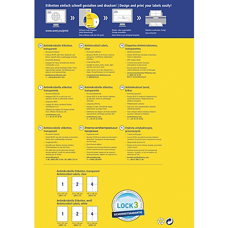 Yellow flyer with product information, text in various languages, and label examples.