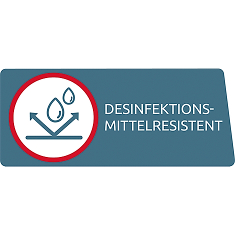 Symbol for disinfectant resistance: red circle with drop symbol and arrows on a blue background.
