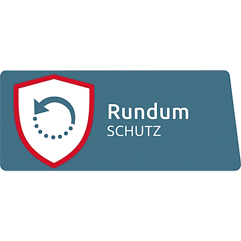 Shield symbol with arrow, text: Rundum SCHUTZ. Red border, blue background.