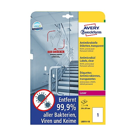 Packaging with labels in front of stairs. The text reads: Antimicrobial labels, transparent, removes 99.9% of all bacteria, viruses and germs.