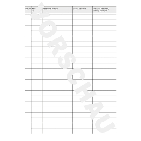A tabular template with gray lines. At the top are column headings such as "Date", "Driver", "Route and Destination". In the background is a light gray "VORSCHAU" lettering.