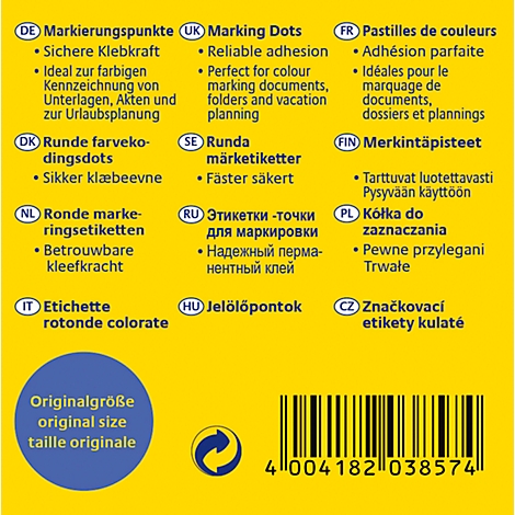 Gele achtergrond met tekst in meerdere talen. Onderaan staat een streepjescode.
