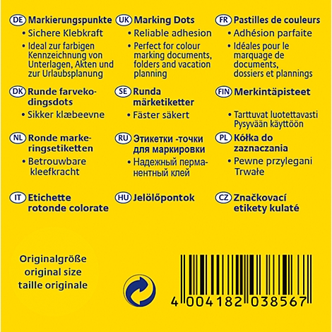 Gele achtergrond met tekst in verschillende talen. Bovenaan staat in verschillende talen 'Markering Points' en 'Marking Dots'.