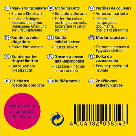 Gele achtergrond met tekstregels in verschillende talen, een cirkelvormige markering en een barcode.