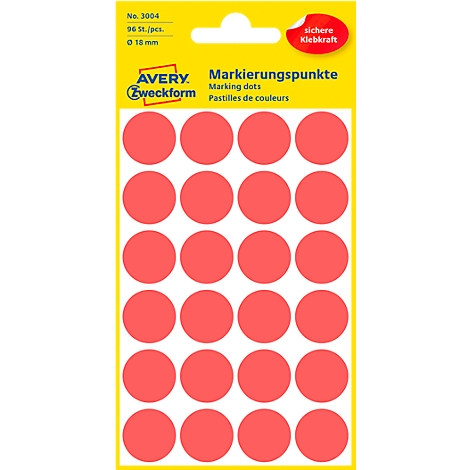 Ein Blatt mit roten Markierungspunkten, umgeben von einem gelben Rahmen. Im oberen Bereich Informationen zum Hersteller Avery Zweckform.
