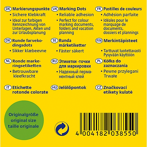 Gelber Hintergrund mit mehrsprachigem Text über Markierungspunkte. Unten steht die Originalgröße mit Barcode.