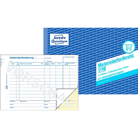 Verschiedene Avery Zweckform Blöcke und Formulare. Blaue und weiße Formulare mit Text wie "Materialanforderung" und "1110".
