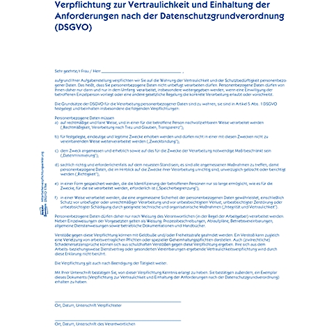Ein weißes Dokument mit schwarzem Text: Verpflichtung zur Vertraulichkeit und Einhaltung der Anforderungen nach der Datenschutzgrundverordnung (DSGVO).