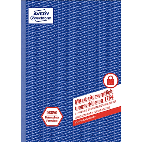 Blaues Buch mit Aufschrift Mitarbeiterverpflichtung 1764, Avery Zweckform. Das DSGVO-konforme Formular hat ein Schloss-Symbol.