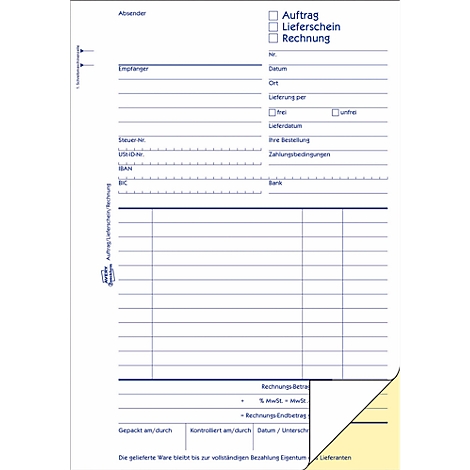 Blue form for order, delivery note and invoice with many fields and tables. Yellow border on the bottom right.
