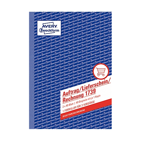 Blue notebook with Avery Zweckform logo and print "Auftrag/Lieferschein/Rechnung 1739".