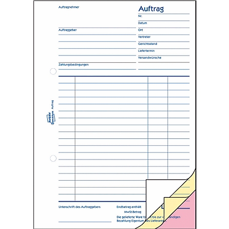 Blue and white "Auftrag" form, with text fields and tables. A stack of yellow, pink, and green paper on the edge.