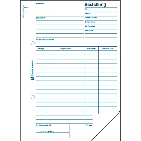 A white order form with blue text and lines. The sheet is perforated and has a folded corner.