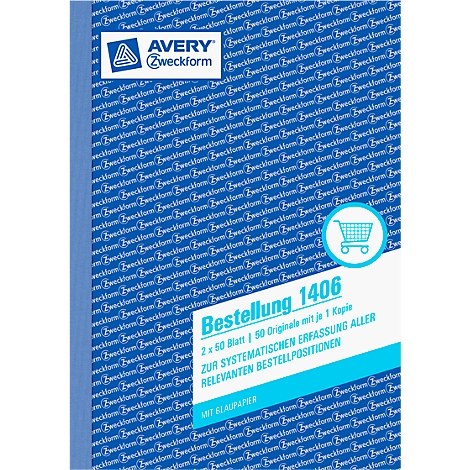 A white sheet from Avery Zweckform with blue background pattern, product description, and shopping cart icon.