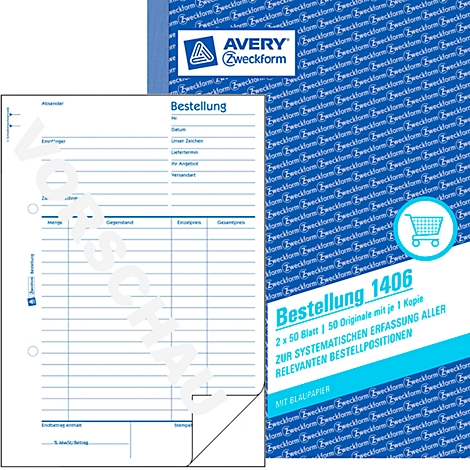 A white order form with blue writing and lines. Next to it a package with logo and product information. Printed text: Bestellung 1406.