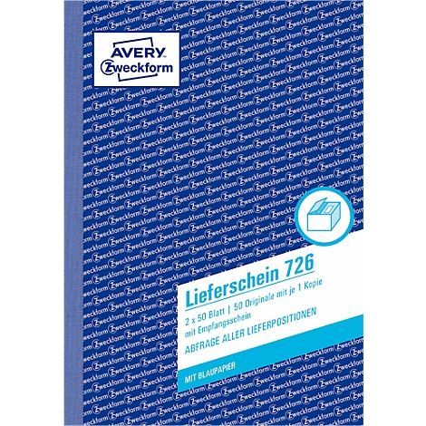 Blauw formulier van Avery Zweckform, "Lieferschein 726" met tekst: 2 x 50 vellen, 50 originelen, ontvangstbewijs, aanvraag van alle leveringsposities.