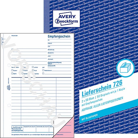 Ontvangst- en leveringsbon van Avery Zweckform. De formulieren zijn blauw en wit, de achtergrond is blauw met een herhalend patroon.