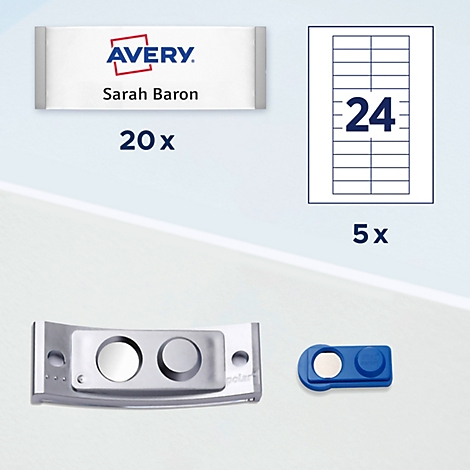 Badge nominatif avec logo Avery et nom Sarah Baron, avec deux types de fixations magnétiques et une feuille d'étiquettes.
