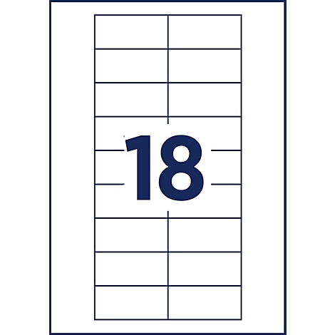 Een wit vel papier met een raster van 18 rechthoekige labelvelden, omrand door een donkerblauwe rand.