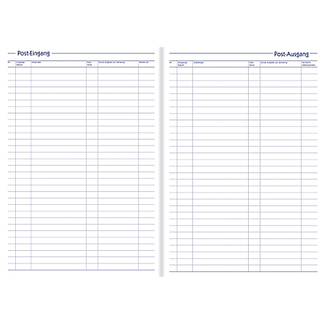 Open double page book with tables in blue, headings Post-Ingang and Post-Ausgang.