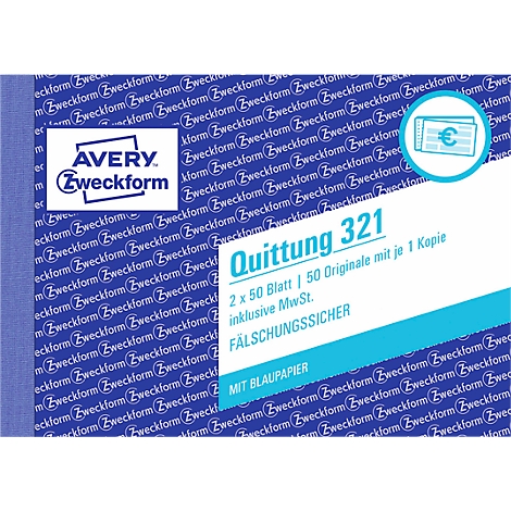 On a blue background, there is an Avery Zweckform receipt block with the inscription Quittung 321, 2 x 50 sheets, including VAT and forgery-proof.