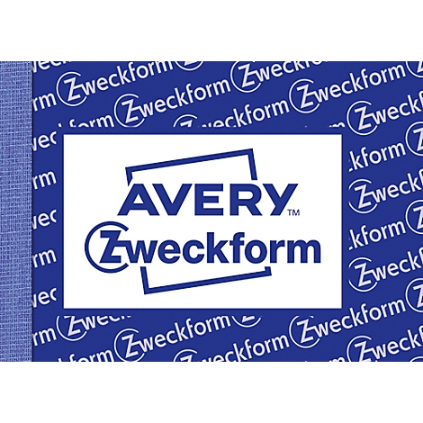 Avery Zweckform logo: White lettering on a blue background. The logo shows the word Avery in blue lettering, with Zweckform underneath in blue.