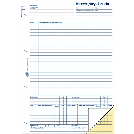 White paper with blue grid and text: "Rapport/Regiebericht". Yellow corner at the bottom. Perforation on the left.