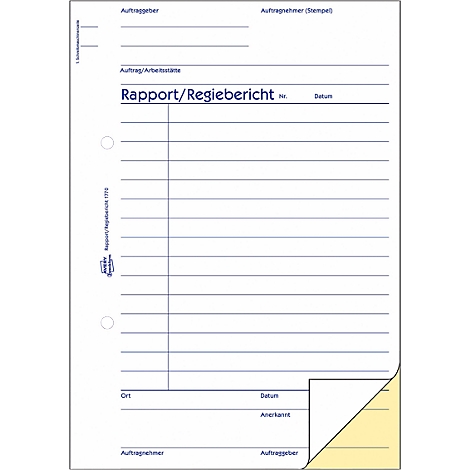 A white sheet with blue lined sections, headings and the title "Rapport/Regiebericht". The bottom right corner is bent.