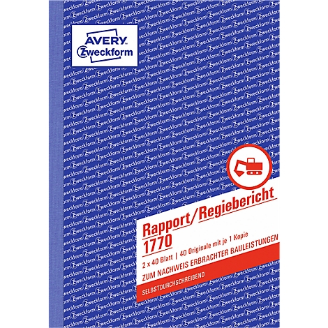 A blue and white notebook with text in German. The "Avery Zweckform" logo is at the top left. On a red banner it says "Rapport/Regiebericht 1770".