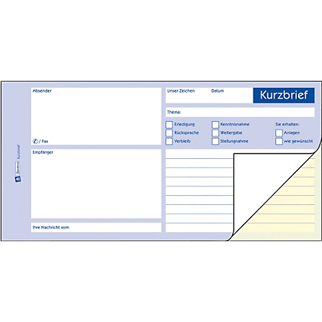 Blue and white short letter form. Text fields for sender, recipient and subject, as well as checkboxes for various options.