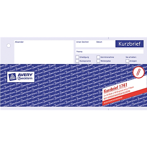 A stationery with a blue background and prints of 'Zweckform' and 'AVERY Zweckform'. At the top is 'Kurzbrief' in blue.