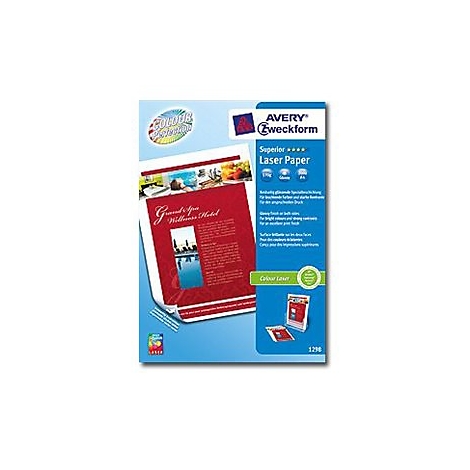 Produktverpackung Avery Zweckform Superior Laser Paper mit Anwendungsbeispiel auf blauem Hintergrund.