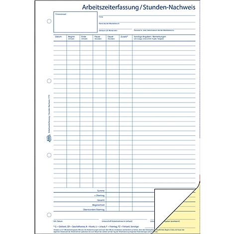 A blue lined form for recording working hours, with columns for date, start, end and notes. The corner is folded over.
