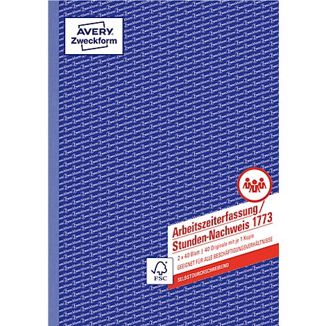 Blue notebook with text: Work time recording, Avery, Zweckform.