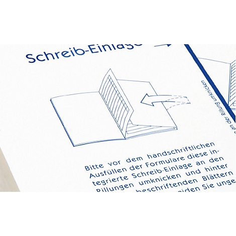 Instructions for folding a writing insert, with text in German and a blue illustration.