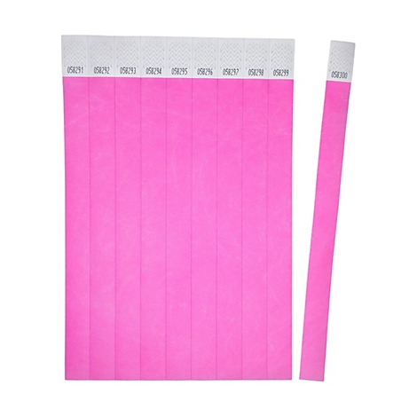 Une feuille de bracelets d'entrée Tyvek rose fluo avec numérotation séquentielle.